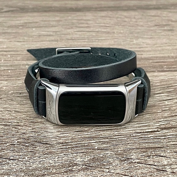 Double Wrap Black Leather Strap Silver Fitbit Charge 5 Band Women Wristband - Picture 5 of 8